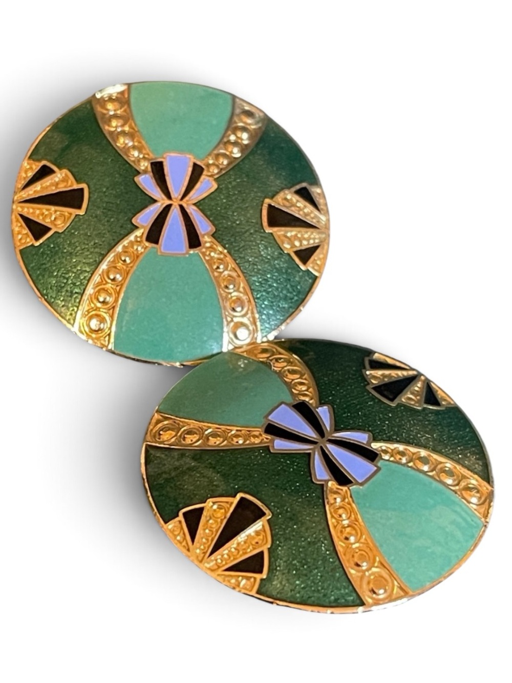 Vintage Art Deco Cloisonné Enamel Disc Clip On Earrings - Picture 1 of 8
